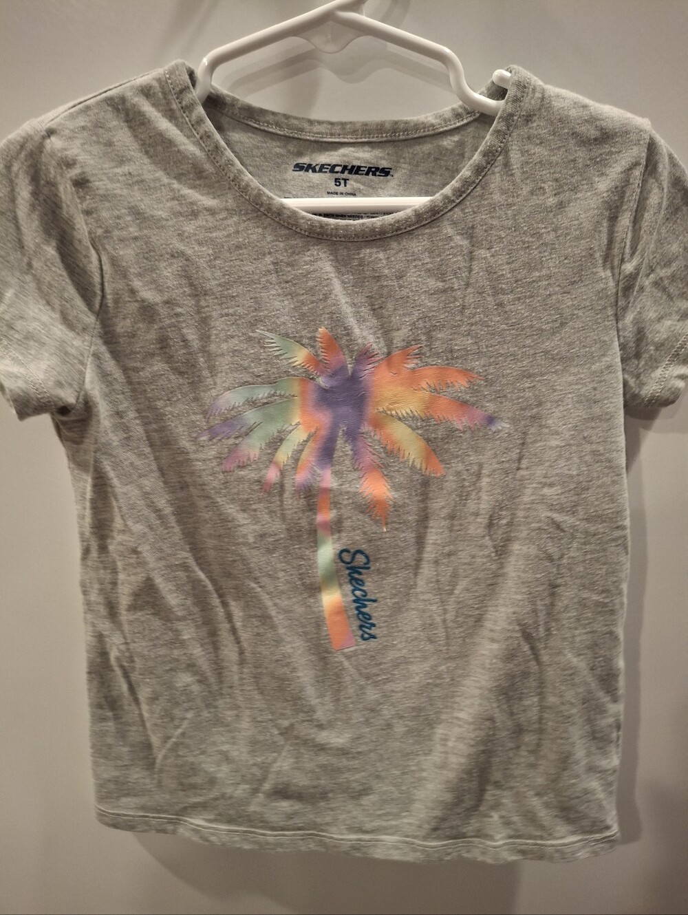 Skechers Gray Tee with Rainbow Palm Tree Graphic